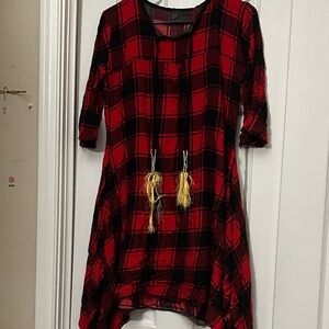 Red and Black Plaid Dress with Tassels
